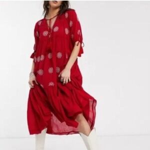 Free People Embroidered Red Tiered Midi Dress Boho Festival Gauzy Cotton